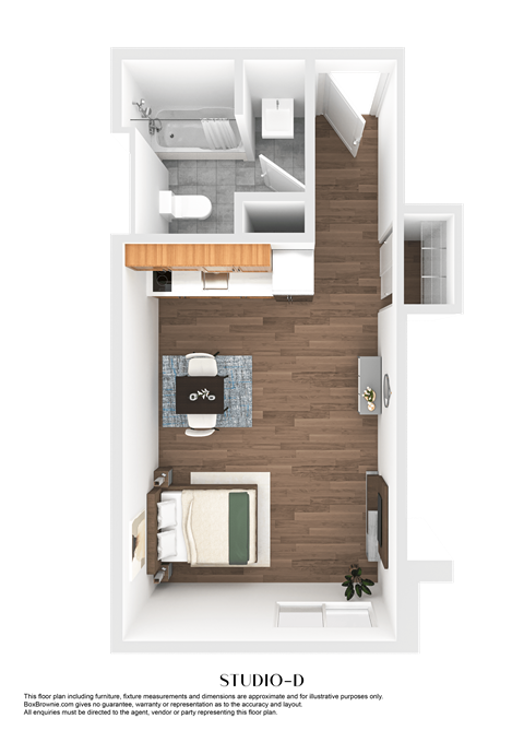 A floor plan of a studio apartment with a kitchen, living room, and bedroom.